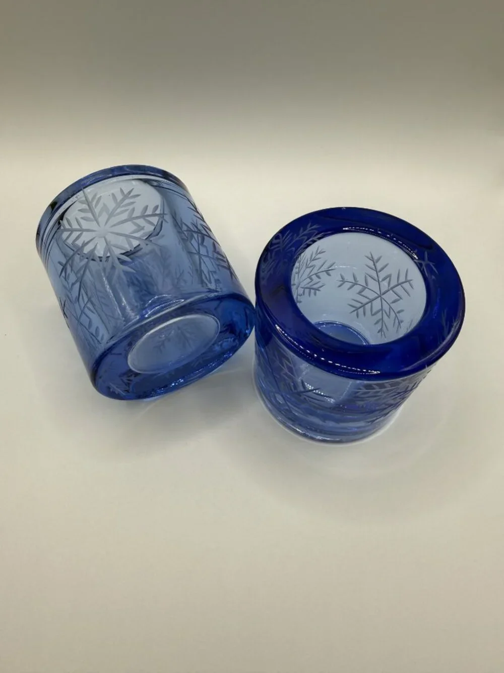 VTG Swiss Snowflake Blue Glass Votive Candle Holders